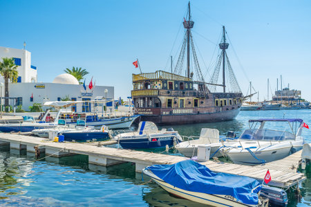 MONASTIR, TUNISIA - AUGUST 29, 2015: All the resorts of Tunisia boast the beautiful wooden pirate galleons for the tourist enjoy, on August 29 in Monastir.のeditorial素材
