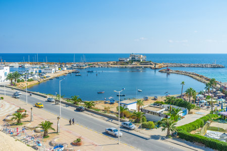 Aerial view on the small fishing port from Ribat, Monastir, Tunisia.のeditorial素材