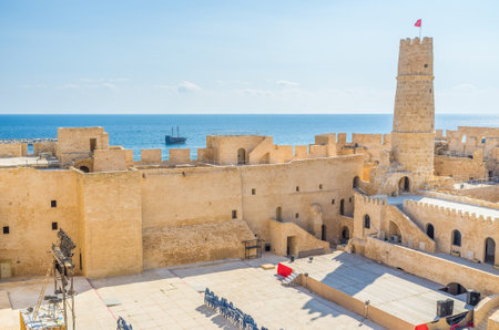 The medieval fortress with its large courtyard is the perfect place for concerts and other events, Monastir, Tunisia.のeditorial素材