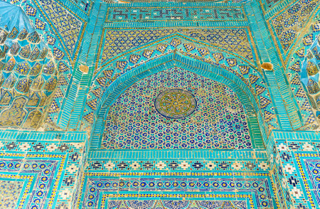 SAMARKAND, UZBEKISTAN - May 1, 2015: The wall of Ustad 'Ali Nafisi mausoleum in Shah-i-Zinda architectural complex, on May 1 in Samarkand.のeditorial素材