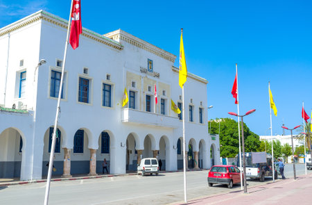 BIZERTE, TUNISIA - SEPTEMBER 4, 2015: The white building of the tonwhall located next to the old town, on September 4 in Bizerte.のeditorial素材