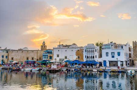 BIZERTE, TUNISIA - SEPTEMBER 4, 2015: The sunset makes the town unusual and magic place, on September 4 in Bizerte.のeditorial素材