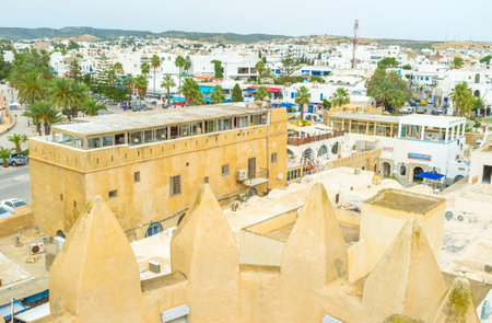 HAMMAMET, TUNISIA - SEPTEMBER 6, 2015: The luxury restaurant located on the top of the fortress wall over the town gate, on September 6 in Hammamet.のeditorial素材