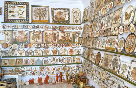 The modern mosaic craftsmen use traditional and modernthemes of their works, Sousse, Tunisia.のeditorial素材