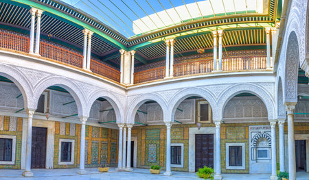 TUNIS, TUNISIA - AUGUST 30, 2015: The andalusian courtyard of the well preserved mansion in heart of Medina, on August 30 in Tunis.のeditorial素材
