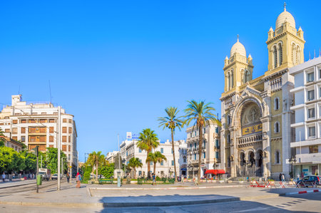 TUNIS, TUNISIA - AUGUST 30, 2015: The catholic Cathedral of St Vincent de Paul is the famous tourist landmark, located at the Place de l'IndÃ©pendence in the Ville Nouvelle, on August 30 in Tunis.のeditorial素材
