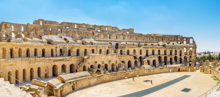 EL JEM, TUNISIA - SEPTEMBER 1, 2015: The Roman amphitheatre is the main landmark of the small arabic town, on September 1, in El Jem.のeditorial素材