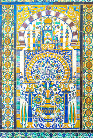KAIROUAN, TUNISIA - AUGUST 30, 2015: The glazed tiled screen with the beautiful islamic ornament in Zaouia Sidi Sahab, on August 30 in Kairouan.のeditorial素材