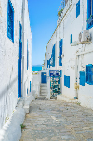 SIDI BOU SAID, TUNISIA - AUGUST 31, 2015: The mountain village consists of white houses with blue...