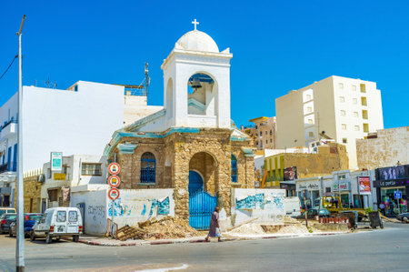 SFAX, TUNISIA - SEPTEMBER 3, 2015: The abandoned Greek Orthodox church next to the Medina walls waits for restoration, on September 3 in Sfax.のeditorial素材
