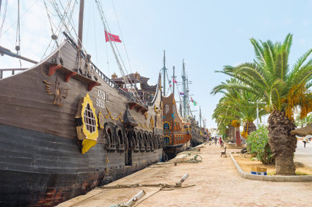 SOUSSE, TUNISIA - SEPTEMBER 6, 2015: the trip on pirate galleons is one of the most popular attraction on Tunisian resorts, so port is full of the wooden ships, on September 6 in Sousse.のeditorial素材