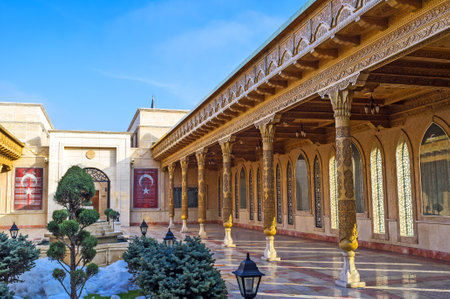 KONYA, TURKEY - JANUARY 20, 2015: The scenic courtyard of military museum with carved wooden pillars and ceiling, on January 20 in Konya.のeditorial素材