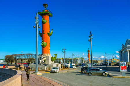 SAINT PETERSBURG - APRIL 24, 2015: The huge Rostral Columns are the most notable landmarks of Vasilievsky Island, on April 24 in Saint Petersburg.のeditorial素材
