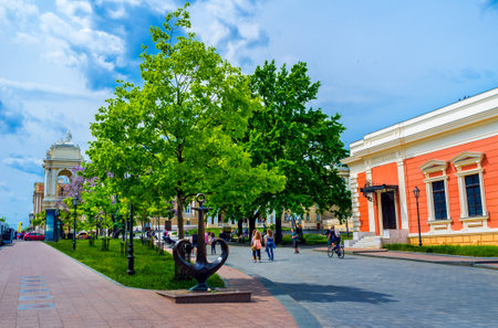 ODESSA, UKRAINE - MAY 17, 2015: The shady park next to the Opera Theatre is a favourite place among local youth, on May 17 in Odessa.のeditorial素材