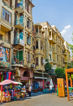 CAIRO, EGYPT - OCTOBER 10, 2014: Every street of old town may become the trade area, there are a lot of spontaneous markets and constant stalls and shops, on October 10 in Cairo.のeditorial素材