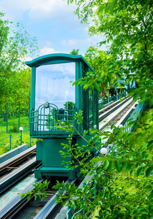 The modern funicular cabins are going on the historical place in Odessa.のeditorial素材
