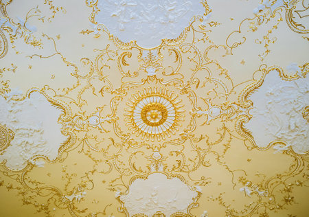 ODESSA, UKRAINE - MAY 17, 2015: The amazing bright ceiling with golden stucco in rococo style, on May 17 in Odessa.のeditorial素材