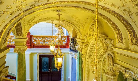 ODESSA, UKRAINE - MAY 17, 2015: All elements of the interior of the Opera Theater are gold-plated,...