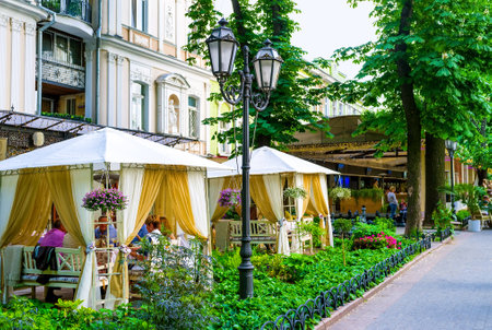 ODESSA, UKRAINE - MAY 17, 2015: The unusual summer terrace of the restaurant that contains of pavilions for groups of the clients, on May 17 in Odessa.のeditorial素材