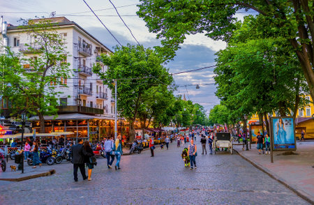 ODESSA, UKRAINE - MAY 17, 2015: The Deribasovskaya street is the central street of the city and offers wide range of restaurants, taverns, bars and cafes, on May 17 in Odessa.のeditorial素材