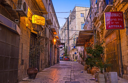 JERUSALEM - FEBRUARY 16, 2016: The narrow market street in the early morning, on February 16 in...