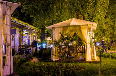 ODESSA, UKRAINE - MAY 17, 2015: The beautiful restaurant's pavilion in eastern style is the best place to have u supper in City Garden, on May 17 in Odessa.のeditorial素材