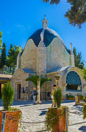JERUSALEM, ISRAEL - FEBRUARY 16, 2016: The Roman Catholic Church of Dominus Flevit on the Mount of Olives belonges to the Franciscan Custody of the Holy Land, on February 16 in Jerusalem.のeditorial素材