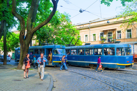 ODESSA, UKRAINE - MAY 18, 2015: Blue trams are cheap, fast and the most popular transport, that connects almost all districts of the city, on May 18 in Odessa.のeditorial素材
