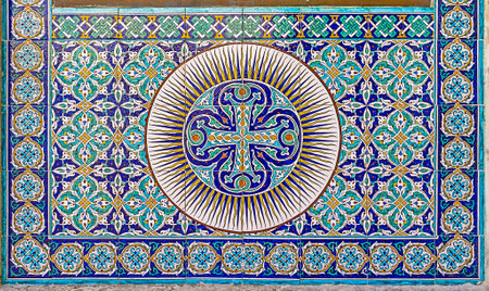 JERUSALEM, ISRAEL - FEBRUARY 16, 2016:  The glazed tiles with the Armenian patterns decorates the facade wall of St James Cathedral, on February 16 in Jerusalem.のeditorial素材