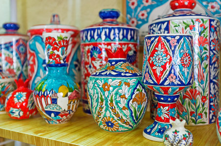 JERUSALEM, ISRAEL - FEBRUARY 16, 2016:  The colorful pottery in traditional armenian style in the souvenir shop of Armenian Quarter of the old city, on February 16 in Jerusalem.のeditorial素材
