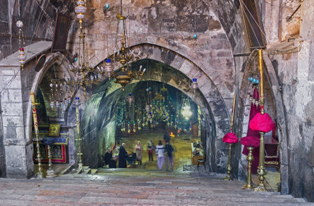 JERUSALEM, ISRAEL - FEBRUARY 16, 2016: The long staircase leads to the underground Church of the Assumption (Mary's Tomb), on February 16 in Jerusalemのeditorial素材