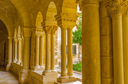 BETHLEHEM, PALESTINE - FEBRUARY 18, 2016: The covered corridor runs alongside the Franciscan courtyard of the Church of the Nativity, on February 18 in Bethlehem.のeditorial素材