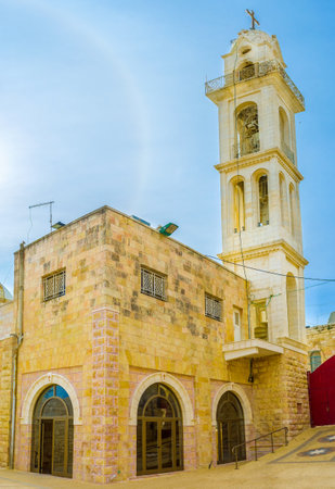 BETHLEHEM, PALESTINE - FEBRUARY 18, 2016: The mystical light sky effect over the St. Mary's Syrian Orthodox Church, on February 18 in Bethlehem.のeditorial素材