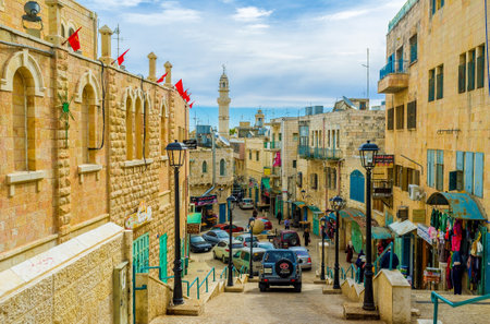 BETHLEHEM, PALESTINE - FEBRUARY 18, 2016: The narrow Pope Paul IV street is the central street of the city, on February 18 in Bethlehem.のeditorial素材