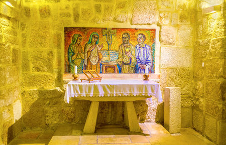 BETHLEHEM, PALESTINE - FEBRUARY 18, 2016: The chapell with mosaic formarly was the cell where St. Jerome work under the translation of The Bible, on February 18 in Bethlehem.のeditorial素材