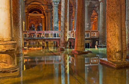 ISTANBUL, TURKEY - JANUARY 21, 2015: The Hen's eye column, decorated with carved eyes and tears -  tribute to the slaves who died, constructing the Basilica Cistern, on January 21 in Istanbul.のeditorial素材