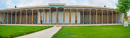 Panorama of the iwan of the Friday Mosque, that is unusually large and includes 98 pillars, supporting the roof, Kokand, Uzbekistan.のeditorial素材