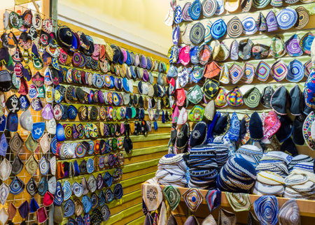 The souvenir skullcaps for each taste in the tourist stall in Ben Yehuda street, Jerusalem, Israel.のeditorial素材