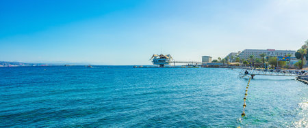 EILAT, ISRAEL - FEBRUARY 23, 2016: The view on the Red Rocks Beach and the dive station in the sea,...