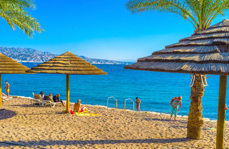 EILAT, ISRAEL - FEBRUARY 23, 2016: The best resort in Israel boasts clean sand, hot sea and bright...