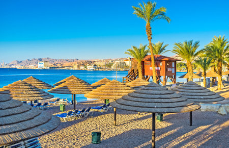 The empty central beach is a quiet place in the early morning, Eilat, Israel.