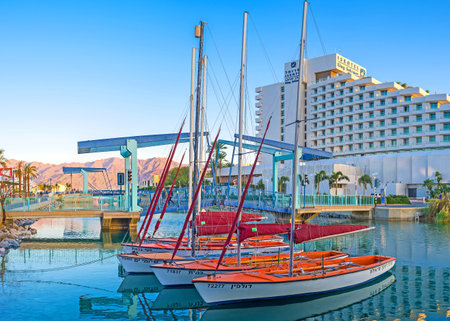 EILAT, ISRAEL - FEBRUARY 23, 2016: The Marina is the best place to choose yacht for hire or boat for fishing tour, on February 23 in Eilat.のeditorial素材