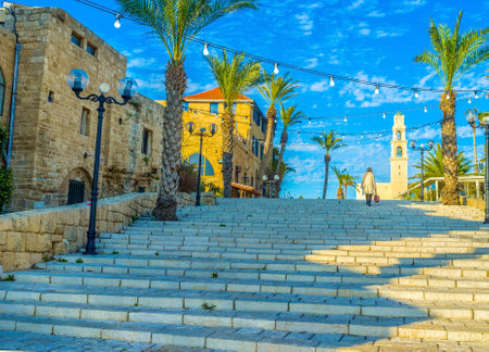 The stairs lead to Kedumim Square and St Peter's church in upper town of Jaffa, Tel Aviv, Israel.のeditorial素材