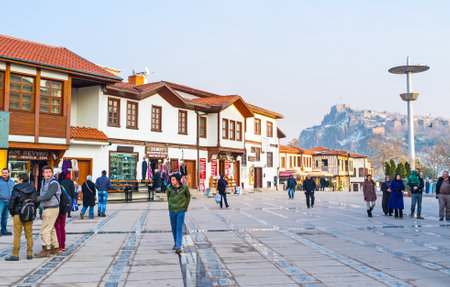 ANKARA, TURKEY - JANUARY 16, 2015: The white renovated cottages with cafes and stores surround the Haci Bayram Square, the most popular tourist place in city, on January 16 in Ankara.のeditorial素材
