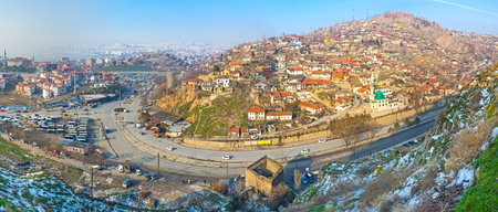 Panorama of Ankara with the old houses and slums of Ulus district, and the tower ruins at the foot of Hisar Castle hill, Turkey.のeditorial素材