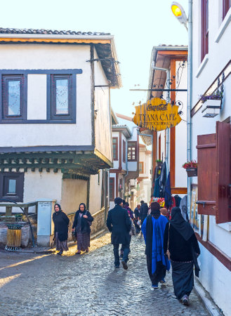 ANKARA, TURKEY - JANUARY 16, 2015: The narrow streets of the Turkish village in old Ankara are full of tourists, climbing on the Castle Hill, to discover the medieval landmark, on January 16 in Ankara.のeditorial素材