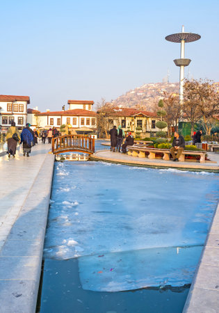 ANKARA, TURKEY - JANUARY 16, 2015: The small pond, located next to the Haci Bayram Mosque and Augustus Temple is covered with a thick layer of ice, on January 16 in Ankara.のeditorial素材