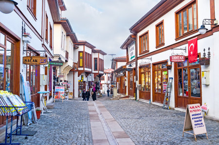 ANKARA, TURKEY - JANUARY 16, 2015: The scenic tourist neighborhood with renovated wooden cottages, traditional stalls and workshops, on January 16 in Ankara.のeditorial素材