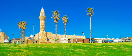CAESARIA, ISRAEL - MAY 19, 2016: The medieval Mosque in archaeological zone is one of the favorite tourist objects, located next to the port, and local restaurants, on May 19 in Caesaria.のeditorial素材