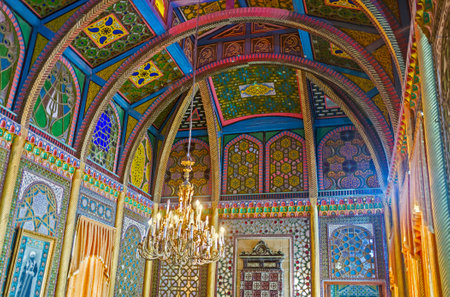 BUKHARA, UZBEKISTAN - APRIL 29, 2015: The dining room of Sitorai Mokhi-Khosa Palace boasts the special sliding walls, stained glass ceiling and complex islamic patterns, on April 29 in Bukhara.のeditorial素材